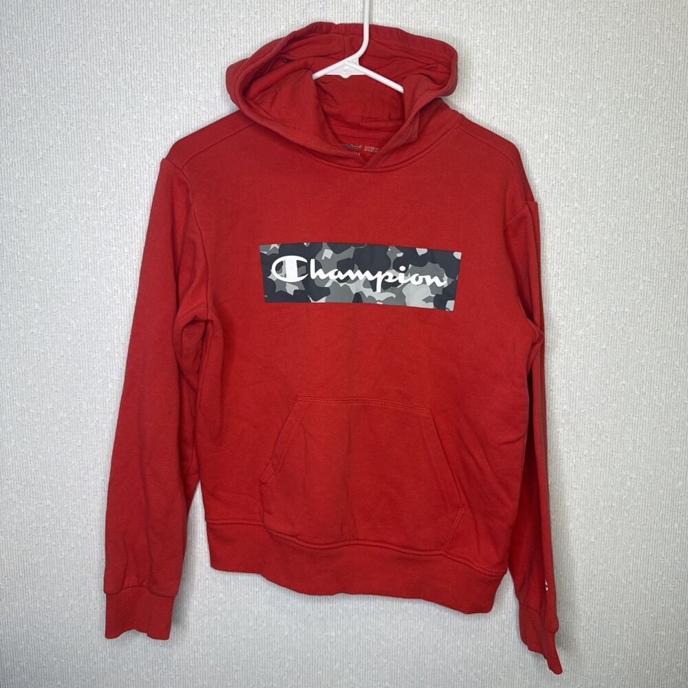 Champion Boys Large 14-16 Red Fleece Hoodie Sweatshirt Camo Box Logo Pullover